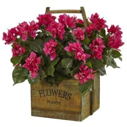 18" Pink Bougainvillea In Rustic Wood Planter
