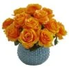 11.5" Orange Rose Arrangement In Blue Ceramic Vase -Michaels D292536S 1