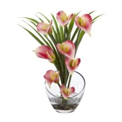 15.5" Pink Calla Lily And Grass Arrangement In Vase