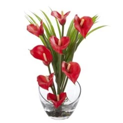 15.5" Red Calla Lily & Grass Arrangement In Vase