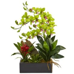 23.5" Green Pigeon Orchid & Bromeliad Arrangement In Black Rectangle Planter -Michaels D292615S 11 1
