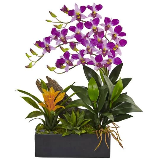23.5" Purple Pigeon Orchid & Bromeliad Arrangement In Black Rectangle Planter 4 23.5" Purple Pigeon Orchid & Bromeliad Arrangement In Black Rectangle Planter - Image 2