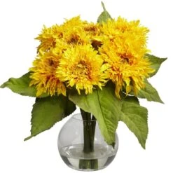 12" Golden Sunflower Arrangement In Glass Vase