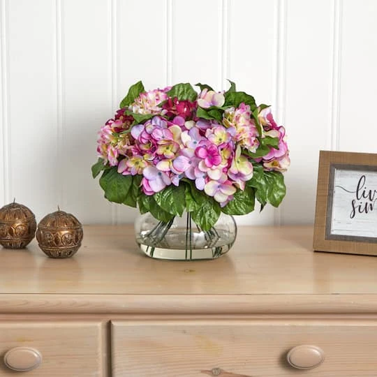 14.5" Pink Hydrangea Arrangement In Glass Vase 7 14.5" Pink Hydrangea Arrangement In Glass Vase - Image 5