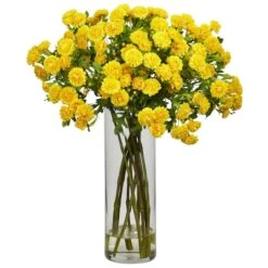 17" Golden Yellow Flower Arrangement In Glass Cylinder Vase