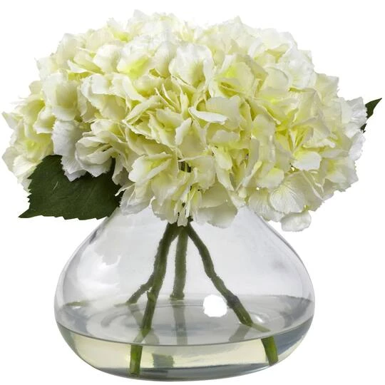 9" White Hydrangea Arrangement In Glass Vase 4 9" White Hydrangea Arrangement In Glass Vase - Image 2