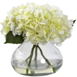 9" White Hydrangea Arrangement In Glass Vase