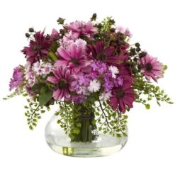 11.5" Pink & Purple Daisy Floral Arrangement In Glass Vase
