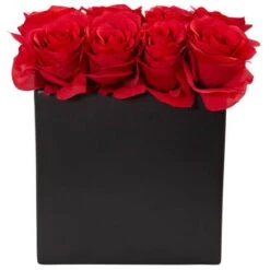 9" Red Roses Floral Arrangement In Black Vase