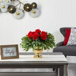 14" Red Rose Floral Arrangement In Gold Urn -Michaels D292755S 3