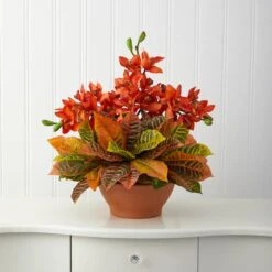 18" Boat Orchid & Croton Floral Arrangement In Terra Cotta Vase -Michaels D292759S 3