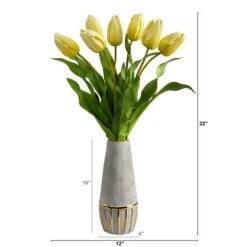 22" Yellow Dutch Tulip Arrangement In Gold Trim Stoneware Vase -Michaels D292773S 2