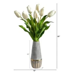 22" White Dutch Tulip Arrangement In Gold Trim Stoneware Vase -Michaels D292775S 2