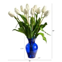 22" White Dutch Tulip Arrangement In Blue Vase -Michaels D292795S 2