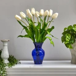 22" White Dutch Tulip Arrangement In Blue Vase -Michaels D292795S 3
