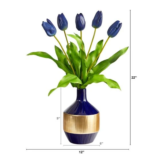 22" Blue Dutch Tulip Arrangement In Blue & Gold Designer Vase 5 22" Blue Dutch Tulip Arrangement In Blue & Gold Designer Vase - Image 3