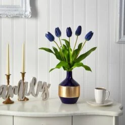 22" Blue Dutch Tulip Arrangement In Blue & Gold Designer Vase 10 22" Blue Dutch Tulip Arrangement In Blue & Gold Designer Vase -Michaels D292838S 3