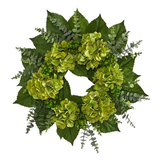 24" Green Hydrangea & Eucalyptus Leaf Wreath 4 24" Green Hydrangea & Eucalyptus Leaf Wreath - Image 2