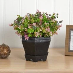 13in. Sedum & Eucalyptus Plant In Black Hexagon Planter -Michaels D293369S 15