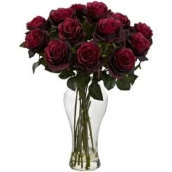 18" Blooming Burgundy Roses In Decorative Vase