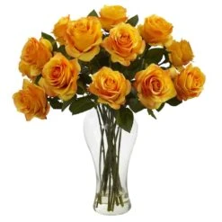 18" Blooming Orange Yellow Roses In Decorative Vase