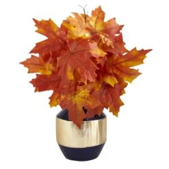 18" Autumn Maple Leaf Plant In Decorative Blue & Gold Planter
