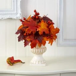 20" Autumn Maple Leaf & Berries Plant In White Urn -Michaels D323945S 3
