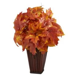 19" Orange Autumn Maple Leaf Plant In Decorative Planter