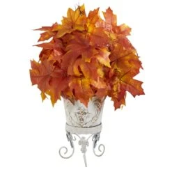 20" Orange Autumn Maple Leaf Plant In Metal Planter -Michaels D323959S 1 1