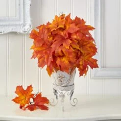 20" Orange Autumn Maple Leaf Plant In Metal Planter -Michaels D323959S 3