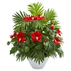 2.2ft. Red Hibiscus & Areca Palm Artificial Plant In White Bowl