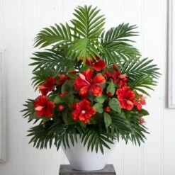 2.2ft. Red Hibiscus & Areca Palm Artificial Plant In White Bowl -Michaels D350216S 13