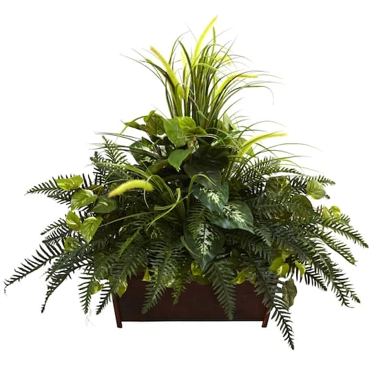 3ft. Mixed Grass & River Fern In Wood Planter 3 3ft. Mixed Grass & River Fern In Wood Planter