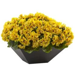 15" UV Resistant Yellow Geranium Arrangement In Black Planter