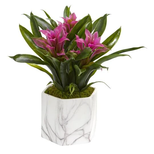 11" Purple Bromeliad In Marble Finished Vase 3 11" Purple Bromeliad In Marble Finished Vase