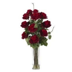 Roses With Cylinder Vase Silk Flower Arrangement