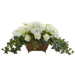 Hydrangea & Roses Artificial Arrangement In Metal Planter