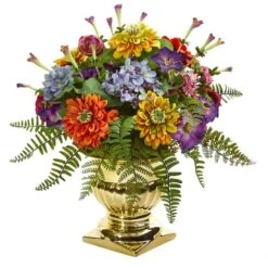 14" Mixed Floral Artificial Arrangement In Gold Urn