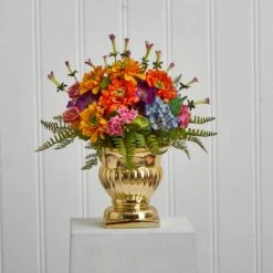14" Mixed Floral Artificial Arrangement In Gold Urn -Michaels D387069S 14