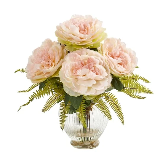 Peony And Fern Artificial Arrangement In Glass Vase 4 Peony And Fern Artificial Arrangement In Glass Vase - Image 2