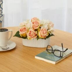 7" Rose And Hydrangea Artificial Arrangement In White Vase -Michaels D388050S 3