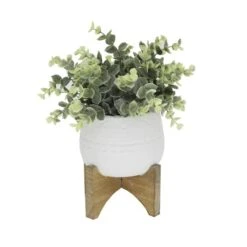 Flora Bunda® 4.7" Eucalyptus In Matte White Mayan Ceramic Pot On Wood Stand