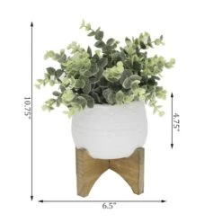 Flora Bunda® 4.7" Eucalyptus In Matte White Mayan Ceramic Pot On Wood Stand -Michaels D511317S 2