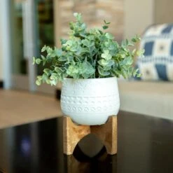 Flora Bunda® 4.7" Eucalyptus In Matte White Mayan Ceramic Pot On Wood Stand -Michaels D511317S 3
