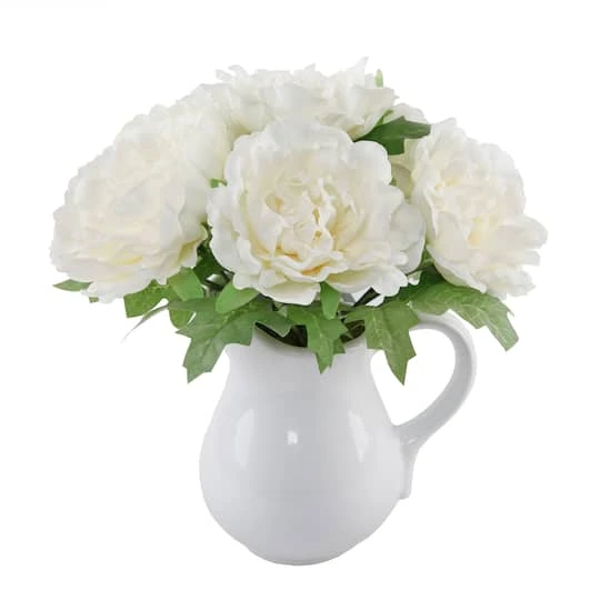 Flora Bunda® 11.5" White Peony Arrangement In Ceramic Watering Vase 3 Flora Bunda® 11.5" White Peony Arrangement In Ceramic Watering Vase
