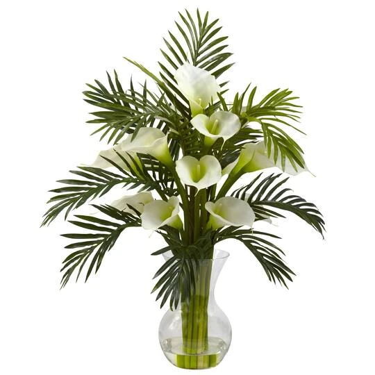 2ft. Calla Lily And Palm Combo Artificial Arrangement With Vase 4 2ft. Calla Lily And Palm Combo Artificial Arrangement With Vase - Image 2