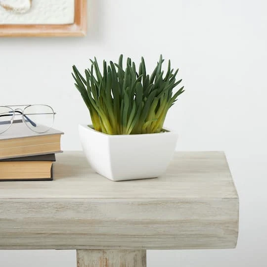 8" Green Foliage Artificial Plant With White Ceramic Pot 5 8" Green Foliage Artificial Plant With White Ceramic Pot - Image 3